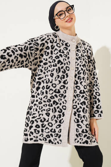 Leopar Desen Düğmeli Triko Hırka Bej - Hırka