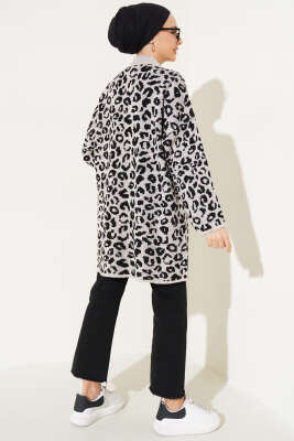 Leopar Desen Düğmeli Triko Hırka Bej - Triko Hırka