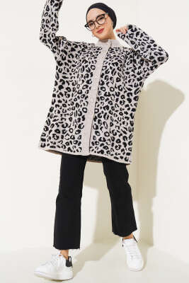 Leopar Desen Düğmeli Triko Hırka Bej - Triko Hırka