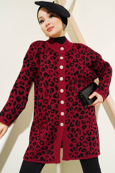Leopar Desen Düğmeli Triko Hırka Bordo - Hırka