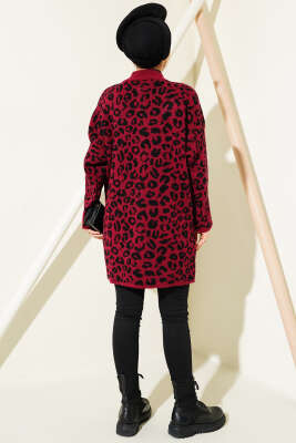 Leopar Desen Düğmeli Triko Hırka Bordo - Triko Hırka