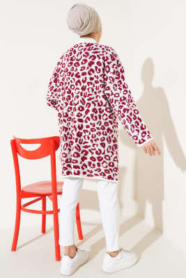Leopar Desen Düğmeli Triko Hırka Ekru Bordo - Triko Hırka