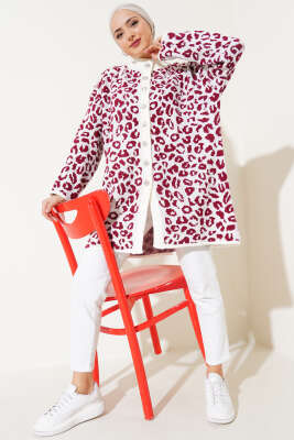 Leopar Desen Düğmeli Triko Hırka Ekru Bordo - Triko Hırka