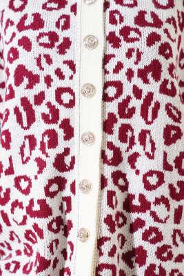Leopar Desen Düğmeli Triko Hırka Ekru Bordo - Triko Hırka