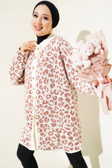 Leopar Desen Düğmeli Triko Hırka Ekru Gül Kurusu - Hırka