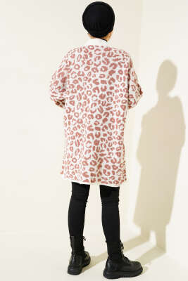 Leopar Desen Düğmeli Triko Hırka Ekru Gül Kurusu - Triko Hırka