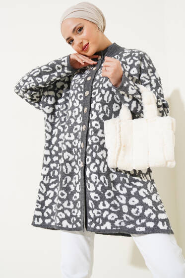 Leopar Desen Düğmeli Triko Hırka Füme - Hırka