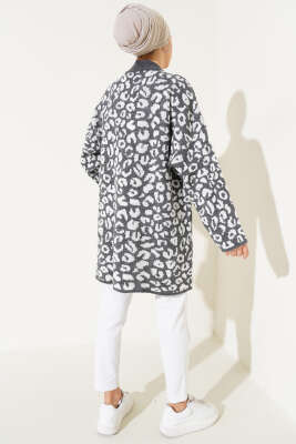 Leopar Desen Düğmeli Triko Hırka Füme - Triko Hırka