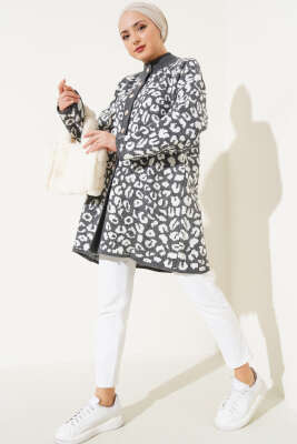 Leopar Desen Düğmeli Triko Hırka Füme - Triko Hırka