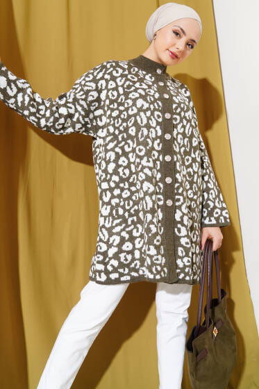 Leopar Desen Düğmeli Triko Hırka Haki - Hırka