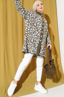 Leopar Desen Düğmeli Triko Hırka Haki - Triko Hırka