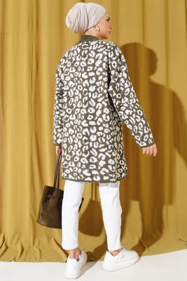 Leopar Desen Düğmeli Triko Hırka Haki - Triko Hırka