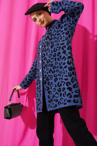 Leopar Desen Düğmeli Triko Hırka İndigo - Hırka