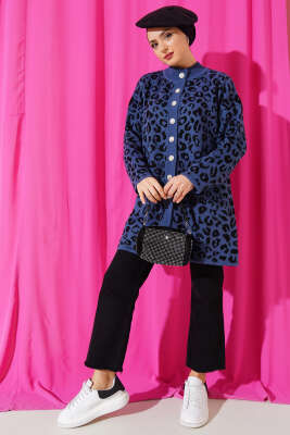 Leopar Desen Düğmeli Triko Hırka İndigo - Triko Hırka