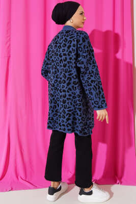 Leopar Desen Düğmeli Triko Hırka İndigo - Triko Hırka