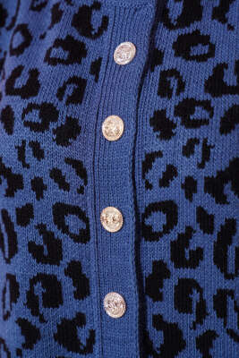 Leopar Desen Düğmeli Triko Hırka İndigo - Triko Hırka