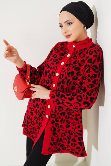 Leopar Desen Düğmeli Triko Hırka Kırmızı - Hırka