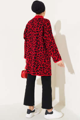 Leopar Desen Düğmeli Triko Hırka Kırmızı - Triko Hırka
