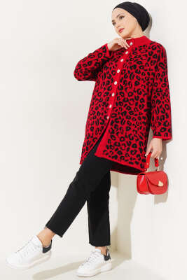 Leopar Desen Düğmeli Triko Hırka Kırmızı - Triko Hırka