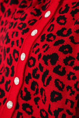 Leopar Desen Düğmeli Triko Hırka Kırmızı - Triko Hırka