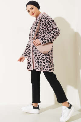 Leopar Desen Düğmeli Triko Hırka Pudra - Triko Hırka