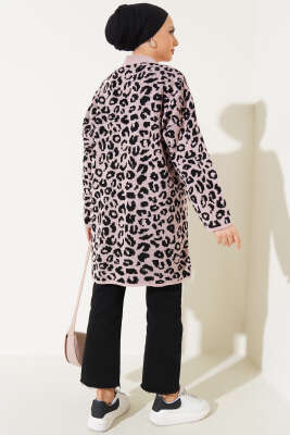 Leopar Desen Düğmeli Triko Hırka Pudra - Triko Hırka