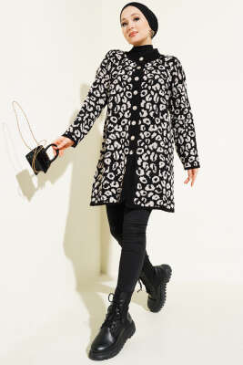 Leopar Desen Düğmeli Triko Hırka Siyah Bej - Triko Hırka