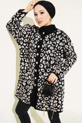 Leopar Desen Düğmeli Triko Hırka Siyah Bej 