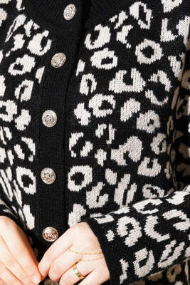 Leopar Desen Düğmeli Triko Hırka Siyah Bej - Triko Hırka