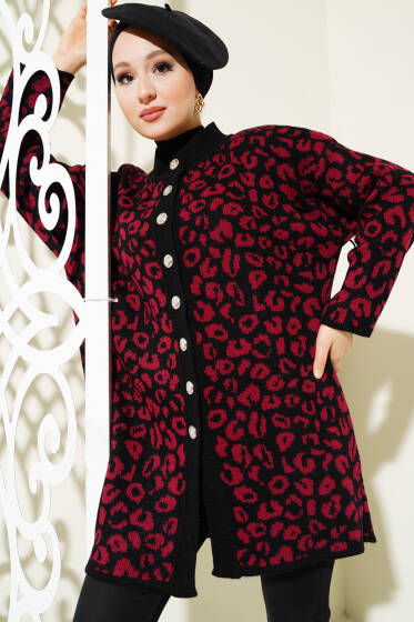 Leopar Desen Düğmeli Triko Hırka Siyah Bordo - Hırka