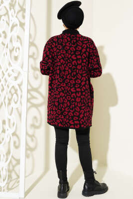 Leopar Desen Düğmeli Triko Hırka Siyah Bordo - Triko Hırka