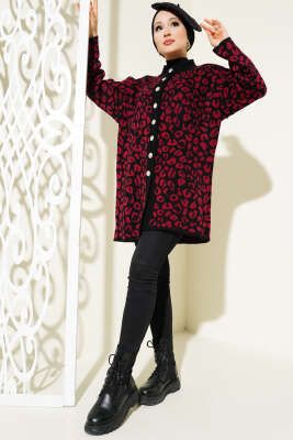 Leopar Desen Düğmeli Triko Hırka Siyah Bordo - Triko Hırka