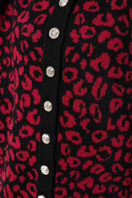 Leopar Desen Düğmeli Triko Hırka Siyah Bordo - Triko Hırka