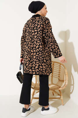 Leopar Desen Düğmeli Triko Hırka Siyah Latte - Triko Hırka