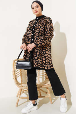 Leopar Desen Düğmeli Triko Hırka Siyah Latte - Triko Hırka