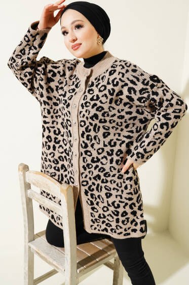 Leopar Desen Düğmeli Triko Hırka Vizon - Hırka