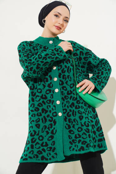 Leopar Desen Düğmeli Triko Hırka Yeşil - Hırka