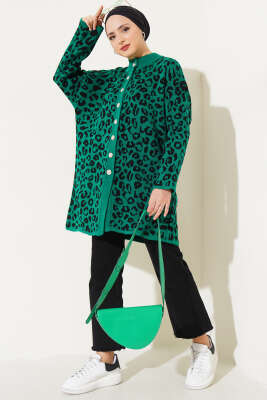 Leopar Desen Düğmeli Triko Hırka Yeşil - Triko Hırka