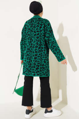 Leopar Desen Düğmeli Triko Hırka Yeşil - Triko Hırka