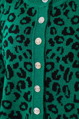 Leopar Desen Düğmeli Triko Hırka Yeşil - Triko Hırka