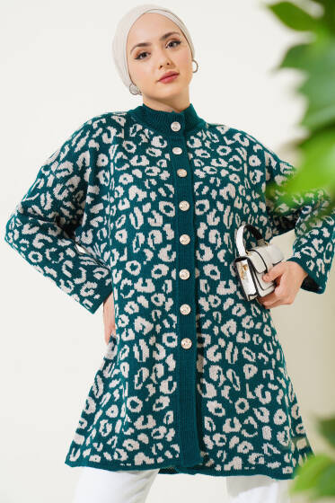 Leopar Desen Düğmeli Triko Hırka Zümrüt - Hırka