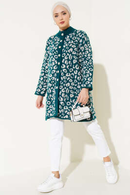 Leopar Desen Düğmeli Triko Hırka Zümrüt - Triko Hırka