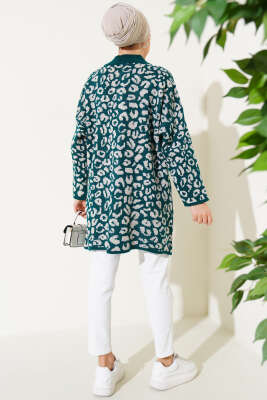 Leopar Desen Düğmeli Triko Hırka Zümrüt - Triko Hırka