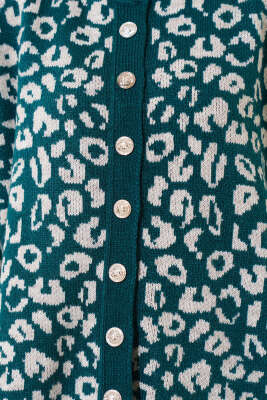 Leopar Desen Düğmeli Triko Hırka Zümrüt - Triko Hırka