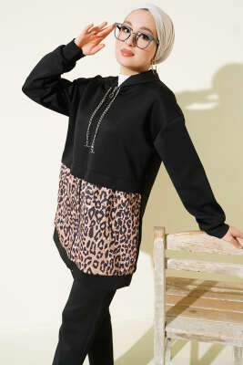 Leopar Desen Fermuarlı Scuba İkili Takım Siyah - İkili Takım