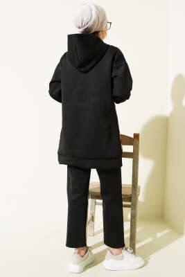 Leopar Desen Fermuarlı Scuba İkili Takım Siyah - İkili Takım