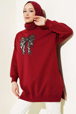 Leopar Desen Fiyonklu Tunik Bordo 