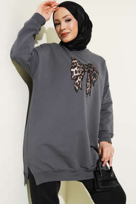 Leopar Desen Fiyonklu Tunik Füme - Tunik