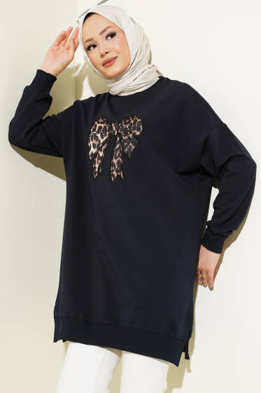Leopar Desen Fiyonklu Tunik Lacivert - Tunik