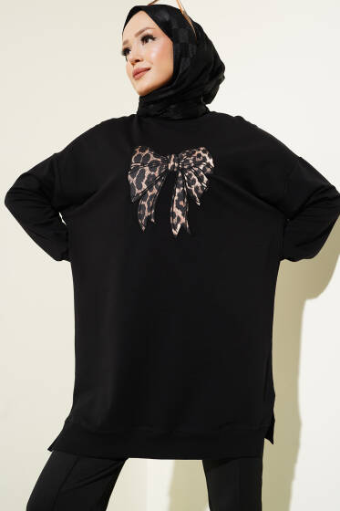 Leopar Desen Fiyonklu Tunik Siyah - Tunik